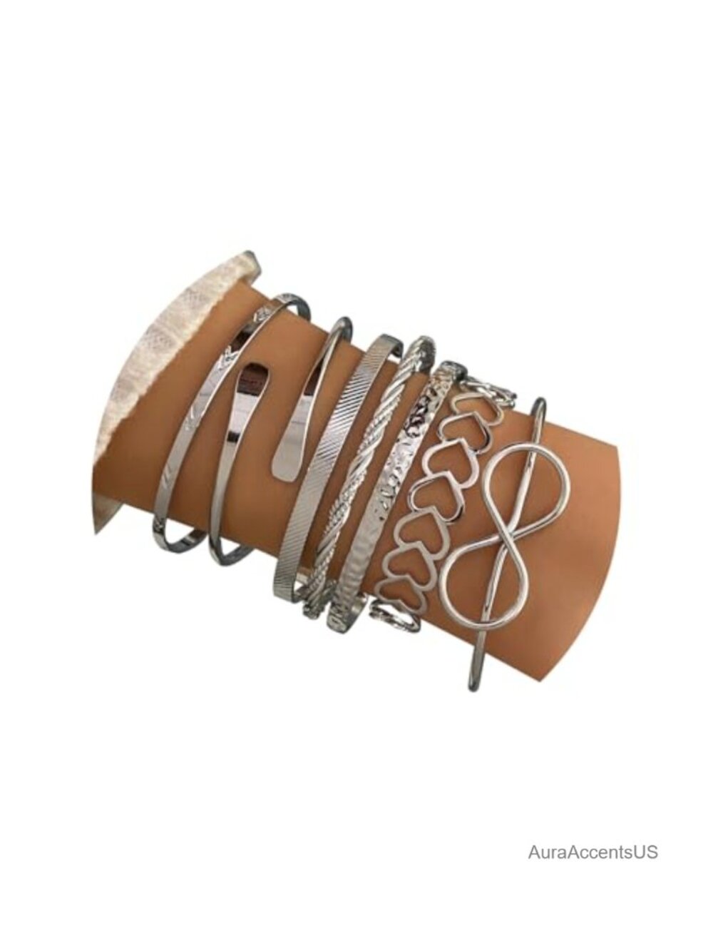 Silver Plated Bangle Bracelet Set for Women, 7 Pcs Stackable Open Cuff